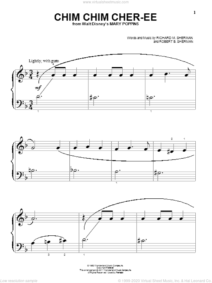 Chim Chim Cher-ee (from Mary Poppins), (beginner) sheet music for piano solo by Sherman Brothers, Dick Van Dyke, Richard M. Sherman and Robert B. Sherman, beginner skill level