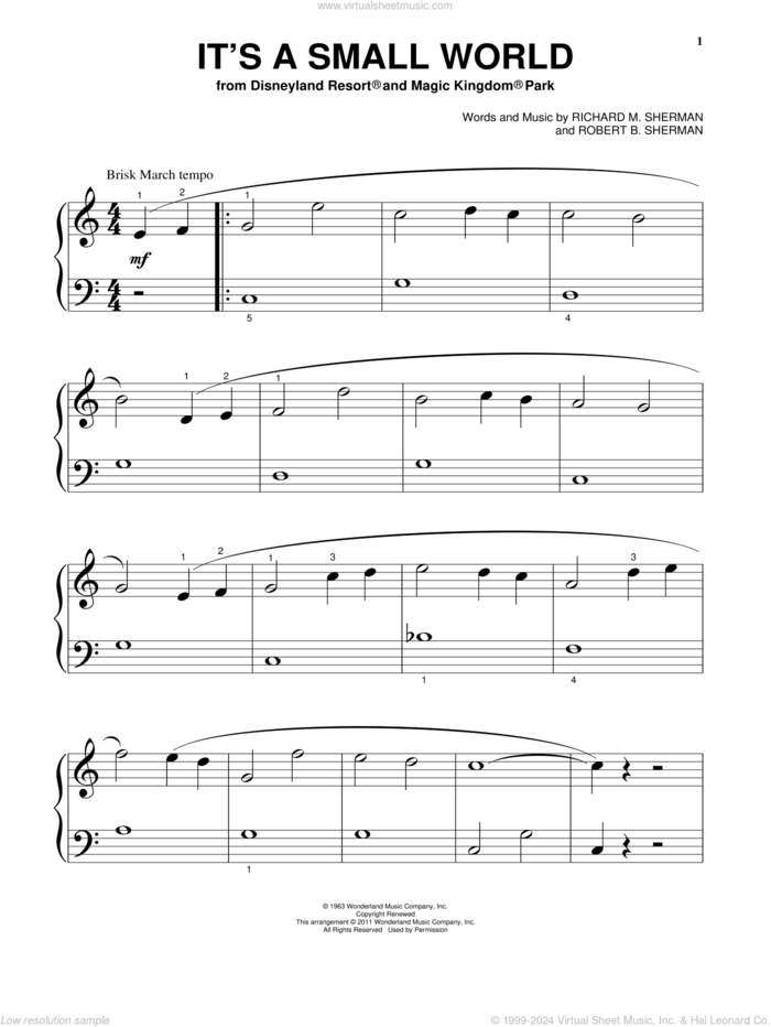It's A Small World sheet music for piano solo by Sherman Brothers, Richard M. Sherman and Robert B. Sherman, beginner skill level
