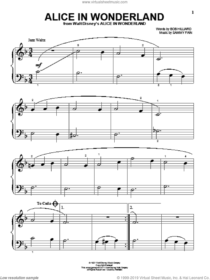 Alice In Wonderland sheet music for piano solo (big note book) by Bill Evans, Bob Hilliard and Sammy Fain, easy piano (big note book)