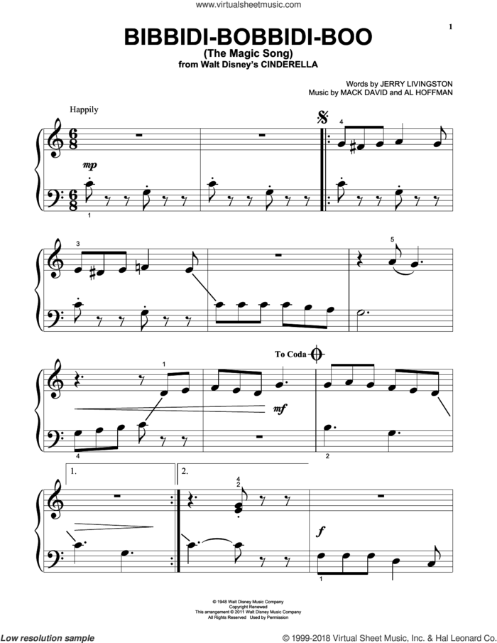 Bibbidi-Bobbidi-Boo (The Magic Song) (from Cinderella) sheet music for piano solo by Verna Felton, Al Hoffman, Jerry Livingston and Mack David, beginner skill level