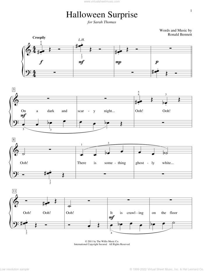 Halloween Surprise sheet music for piano solo (elementary) by Ronald Bennett, beginner piano (elementary)