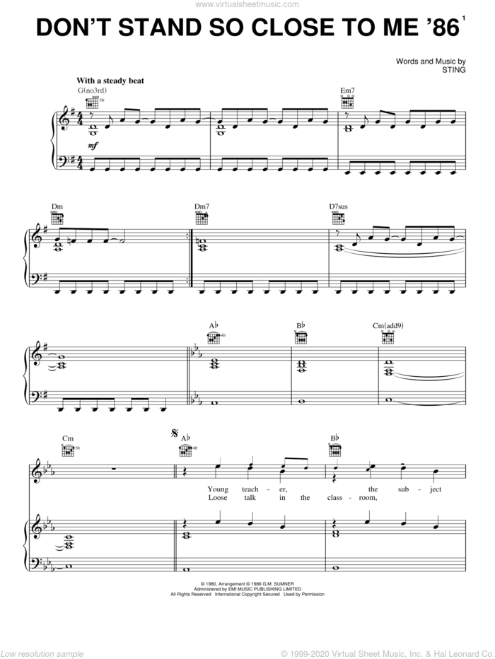 Don't Stand So Close To Me '86 sheet music for voice, piano or guitar by The Police and Sting, intermediate skill level