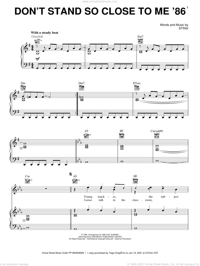 Don't Stand So Close To Me '86 sheet music for voice, piano or guitar by The Police and Sting, intermediate skill level