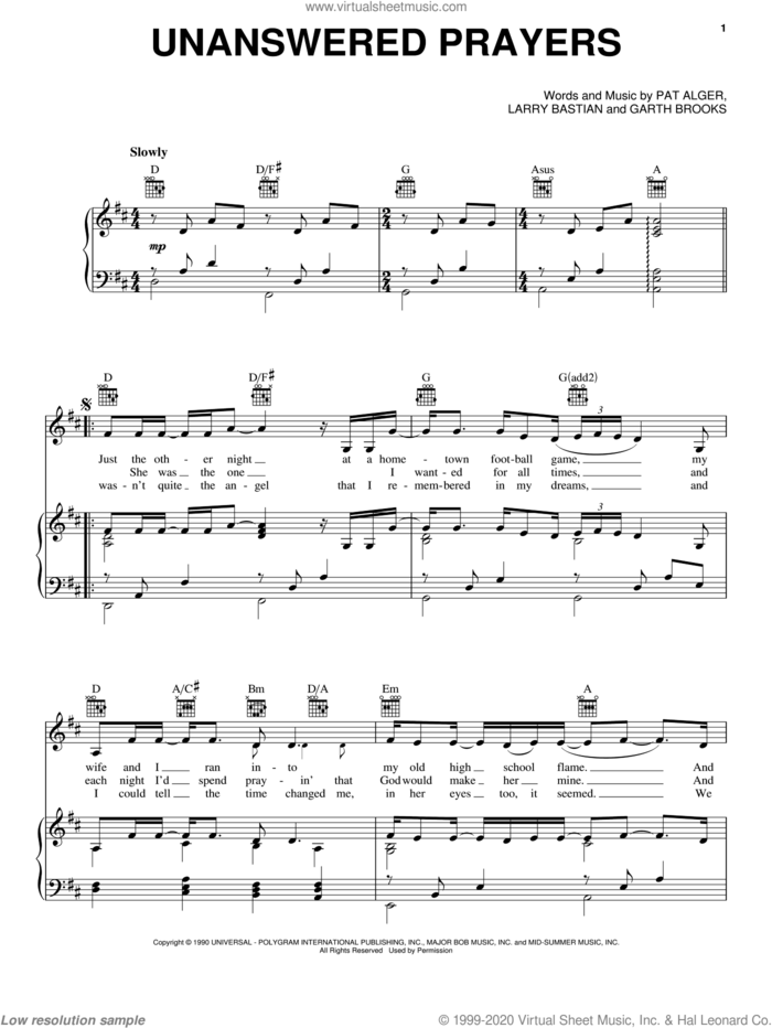 Unanswered Prayers sheet music for voice, piano or guitar by Garth Brooks, Larry Bastian and Patrick Alger, intermediate skill level