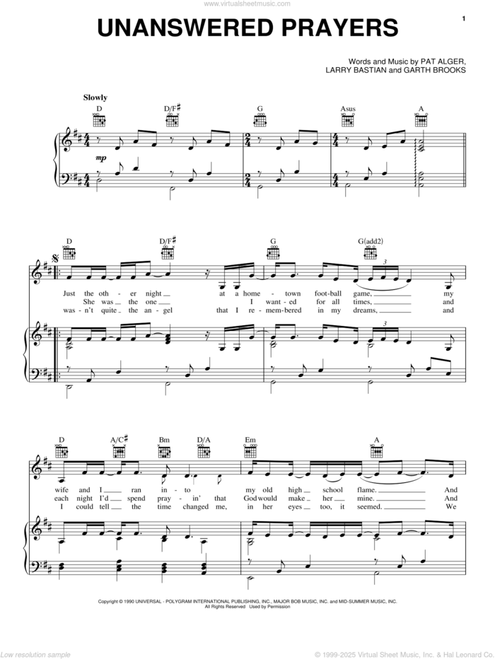 Unanswered Prayers sheet music for voice, piano or guitar by Garth Brooks, Larry Bastian and Patrick Alger, intermediate skill level