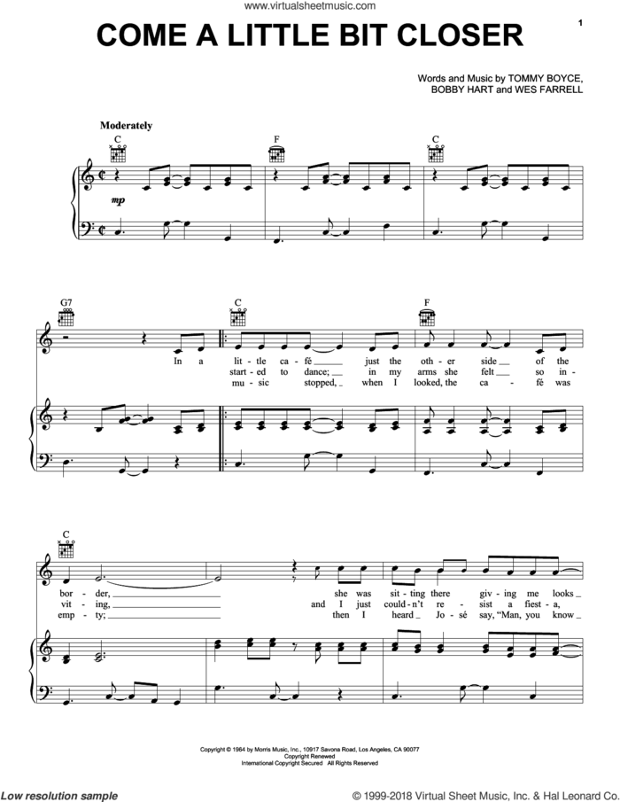 Come A Little Bit Closer sheet music for voice, piano or guitar by Jay & The Americans, Bobby Hart, Tommy Boyce and Wes Farrell, intermediate skill level