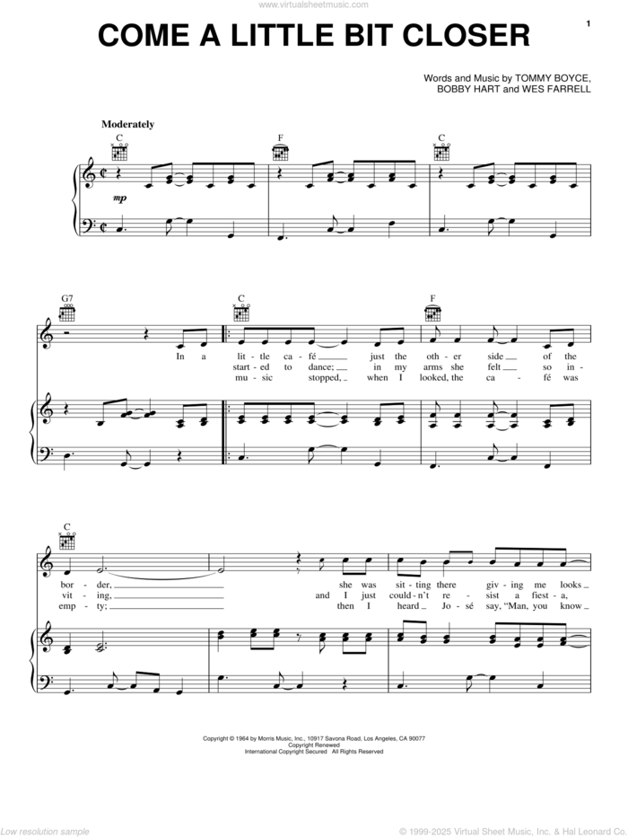 Come A Little Bit Closer sheet music for voice, piano or guitar by Jay & The Americans, Bobby Hart, Tommy Boyce and Wes Farrell, intermediate skill level