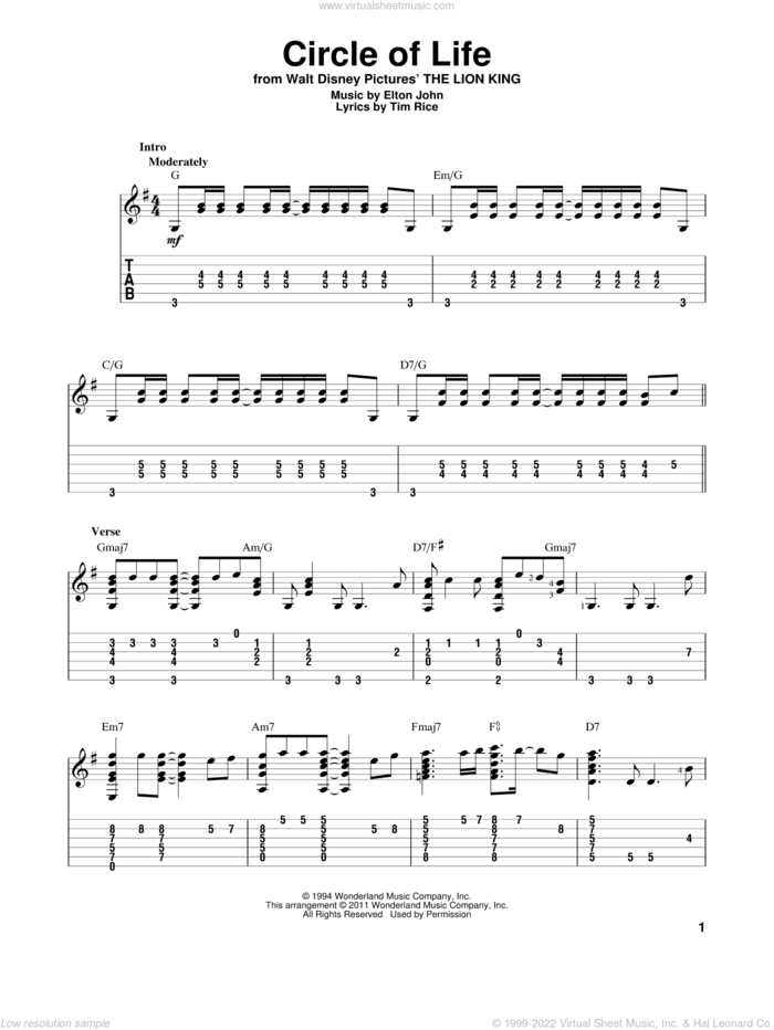 Circle Of Life (from The Lion King) sheet music for guitar solo by Elton John, The Lion King and Tim Rice, intermediate skill level