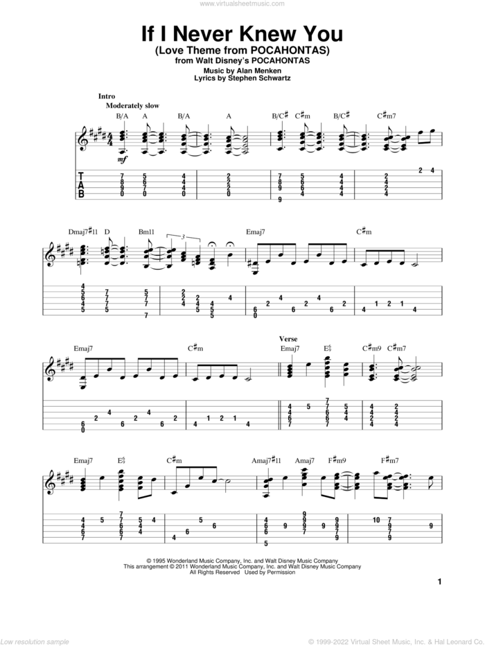 If I Never Knew You (End Title) (from Pocahontas) sheet music for guitar solo by Jon Secada and Shanice, Jon Secada, Alan Menken and Stephen Schwartz, intermediate skill level