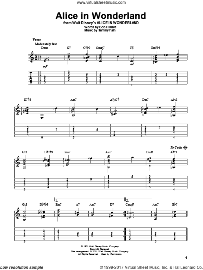 Alice In Wonderland sheet music for guitar solo by Bill Evans, Bob Hilliard and Sammy Fain, intermediate skill level