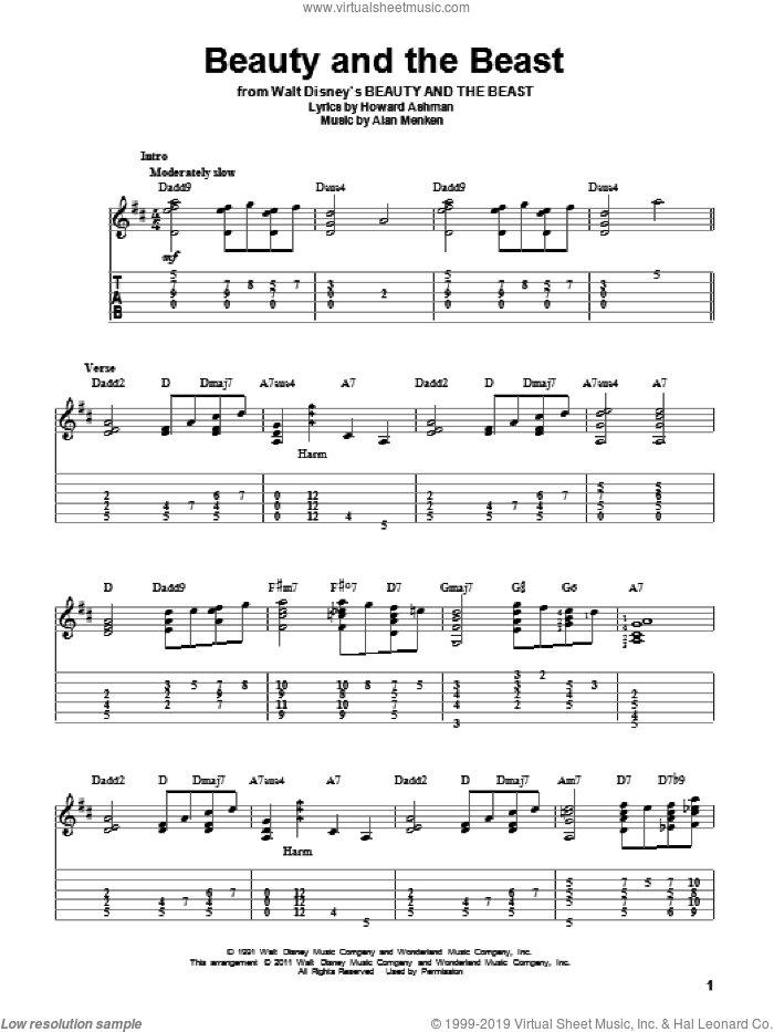 Beauty And The Beast sheet music for guitar solo by Alan Menken, Celine Dion & Peabo Bryson, Alan Menken & Howard Ashman and Howard Ashman, intermediate skill level