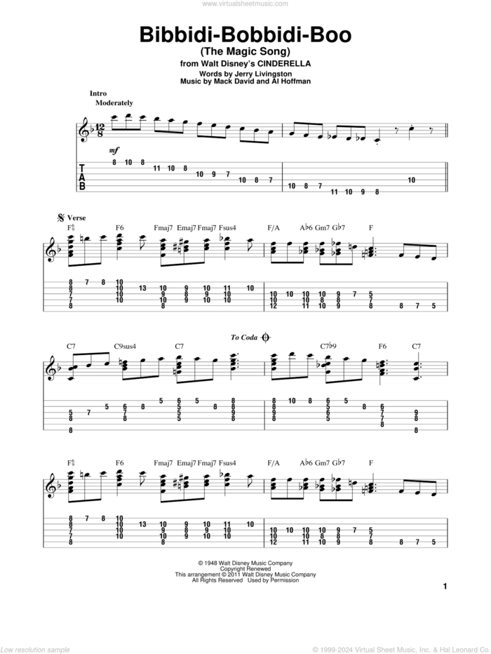 Bibbidi-Bobbidi-Boo (The Magic Song) (from Cinderella) sheet music for guitar solo by Verna Felton, Al Hoffman, Jerry Livingston and Mack David, intermediate skill level