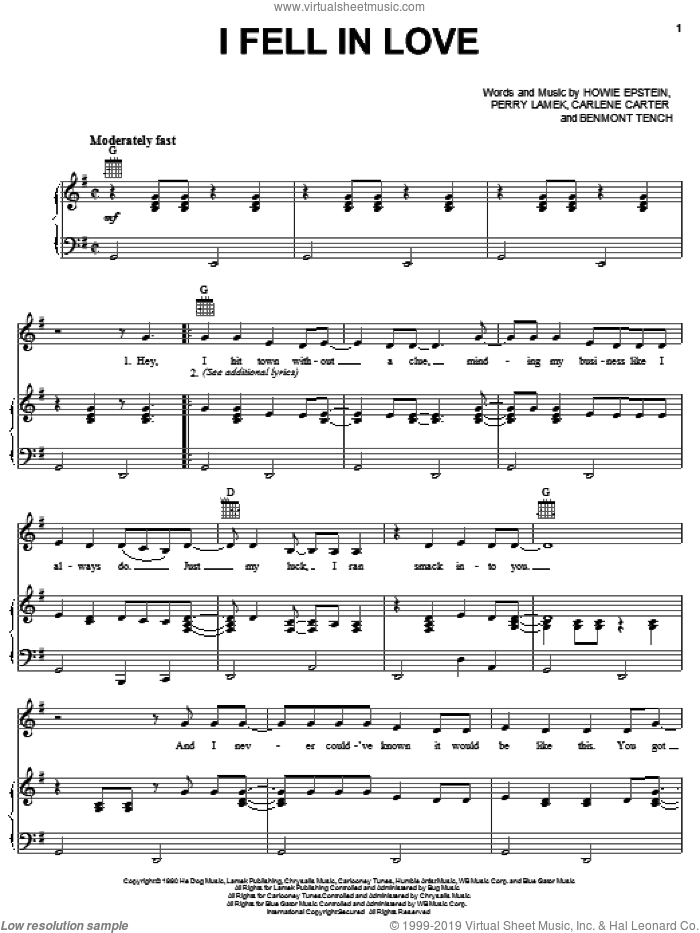 I Fell In Love sheet music for voice, piano or guitar by Carlene Carter, Benmont Tench, Howie Epstein and Perry Lamek, intermediate skill level