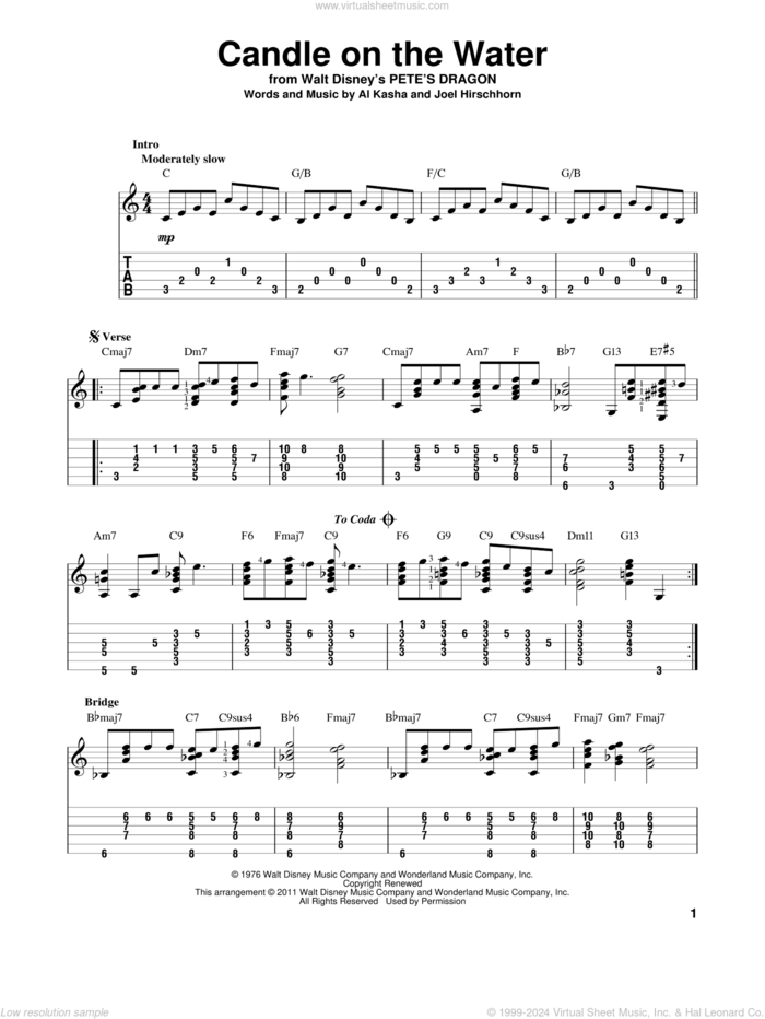 Candle On The Water (from Pete's Dragon) sheet music for guitar solo by Helen Reddy, Al Kasha and Joel Hirschhorn, wedding score, intermediate skill level