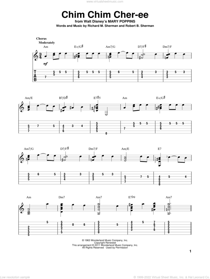 Chim Chim Cher-ee (from Mary Poppins) sheet music for guitar solo by Sherman Brothers, Dick Van Dyke, Richard M. Sherman and Robert B. Sherman, intermediate skill level