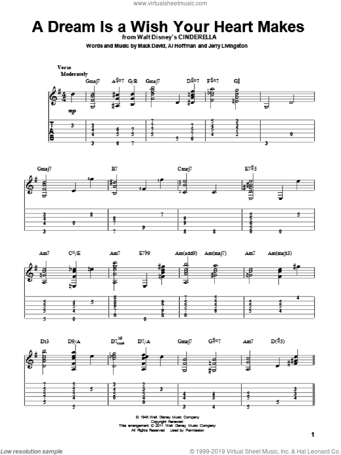 A Dream Is A Wish Your Heart Makes (from Cinderella) sheet music for guitar solo by Al Hoffman, Ilene Woods, Linda Ronstadt, Jerry Livingston and Mack David, wedding score, intermediate skill level