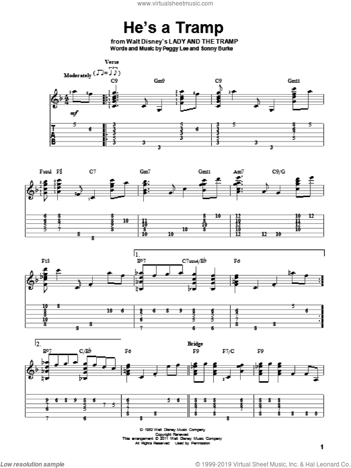 He's A Tramp (from Lady And The Tramp) sheet music for guitar solo by Peggy Lee and Sonny Burke, intermediate skill level