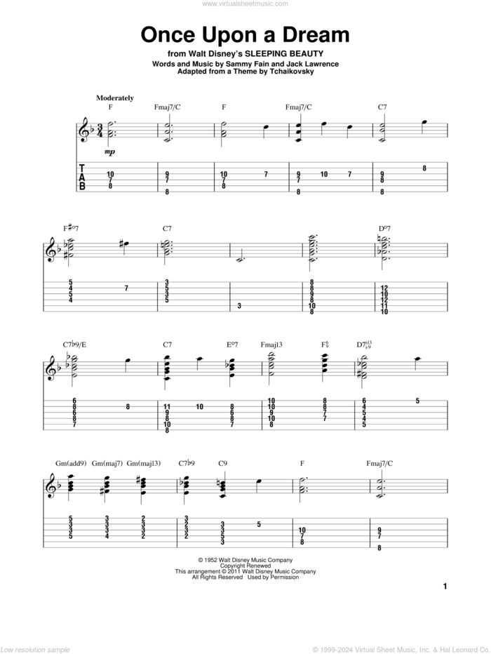 Once Upon A Dream sheet music for guitar solo by Sammy Fain and Jack Lawrence, intermediate skill level