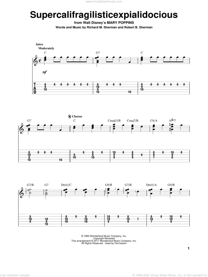 Supercalifragilisticexpialidocious (from Mary Poppins) sheet music for guitar solo by Sherman Brothers, Julie Andrews, Richard M. Sherman and Robert B. Sherman, intermediate skill level