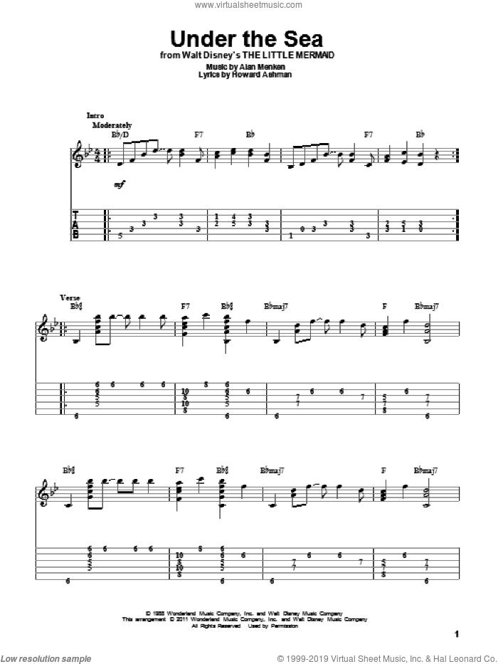 Under The Sea (from The Little Mermaid) sheet music for guitar solo by Alan Menken and Howard Ashman, intermediate skill level