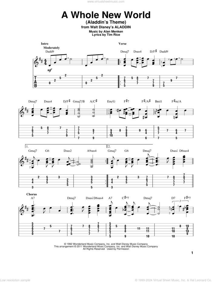 A Whole New World (from Aladdin), (intermediate) sheet music for guitar solo by Alan Menken, Alan Menken & Tim Rice and Tim Rice, wedding score, intermediate skill level