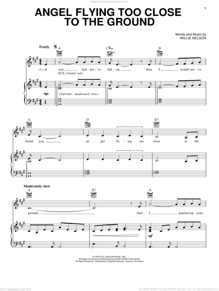 Angel Flying Too Close To The Ground sheet music for voice, piano or guitar by Willie Nelson, intermediate skill level