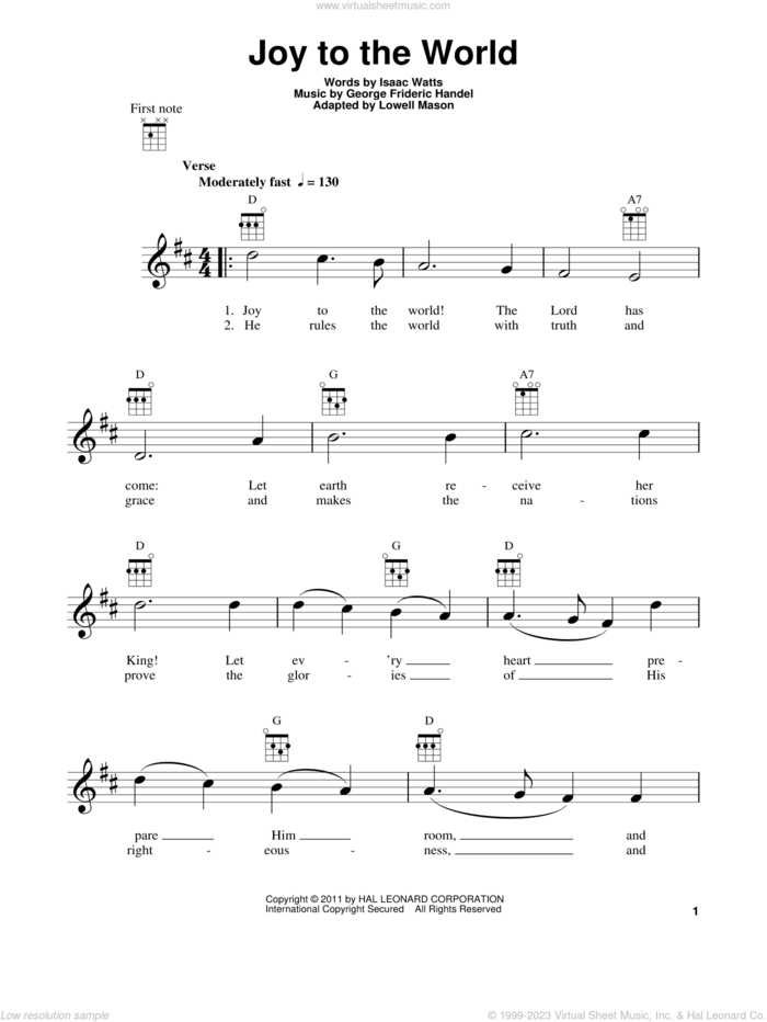 Joy To The World sheet music for ukulele by Isaac Watts, George Frideric Handel and Lowell Mason, intermediate skill level