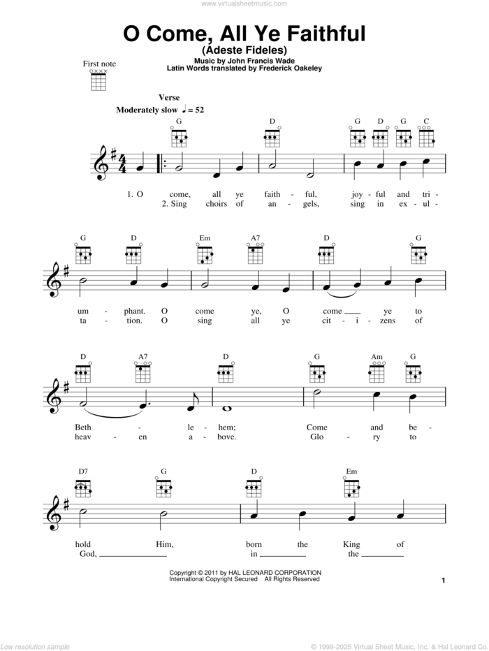 O Come, All Ye Faithful (Adeste Fideles) sheet music for ukulele by John Francis Wade and Frederick Oakeley, intermediate skill level