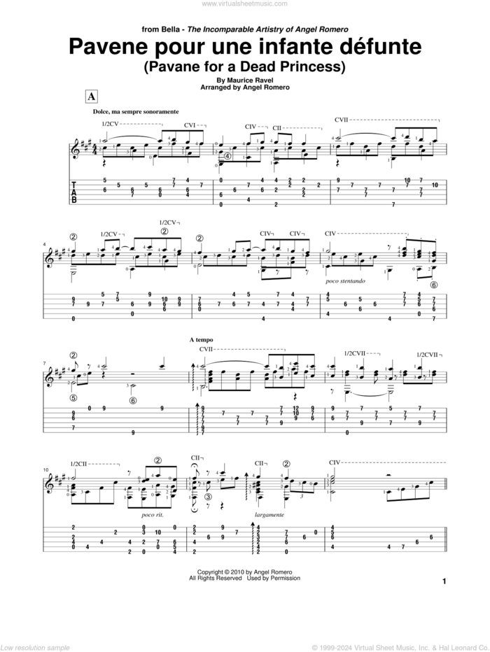 Pavane Pour Une Infante Defunte (Pavane For A Dead Princess) sheet music for guitar solo by Angel Romero and Maurice Ravel, classical score, intermediate skill level