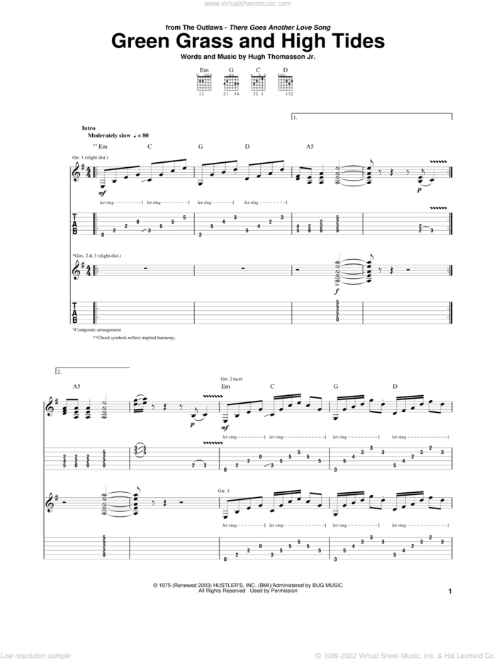 Green Grass And High Tides sheet music for guitar (tablature) by The Outlaws, Outlaws and Hugh Thomasson Jr., intermediate skill level