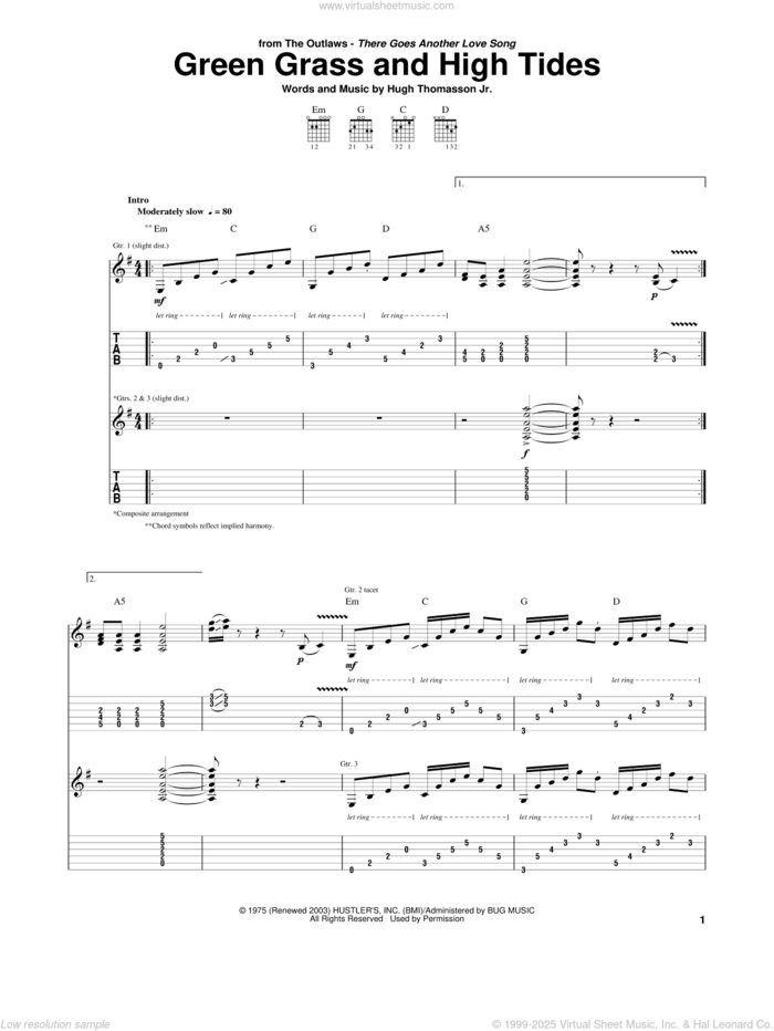 Green Grass And High Tides sheet music for guitar (tablature) by The Outlaws, Outlaws and Hugh Thomasson Jr., intermediate skill level