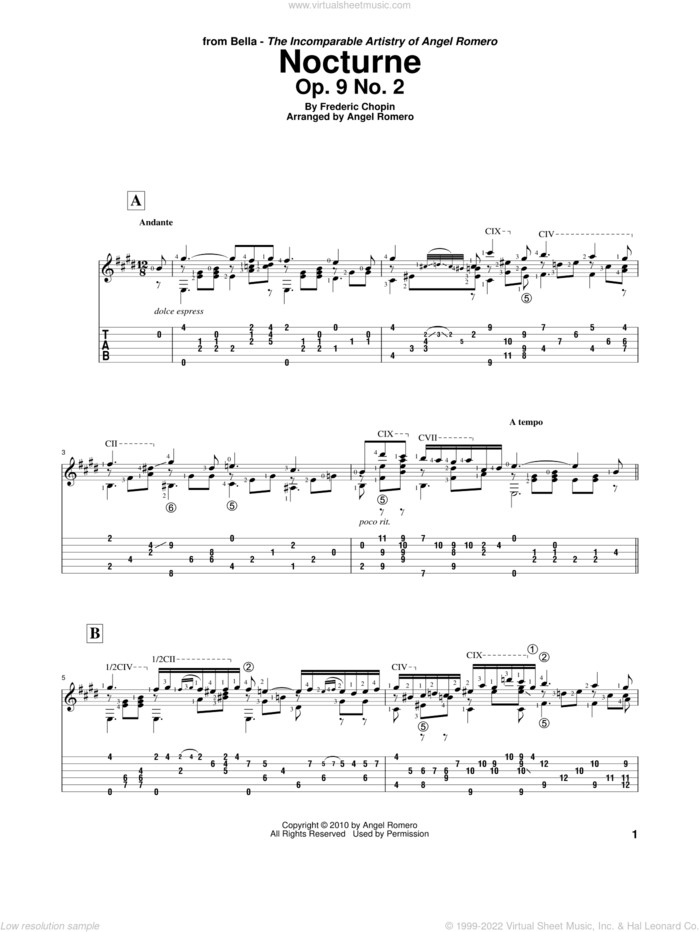 Nocturne, Op. 9 No. 2 sheet music for guitar solo by Angel Romero and Frederic Chopin, classical score, intermediate skill level