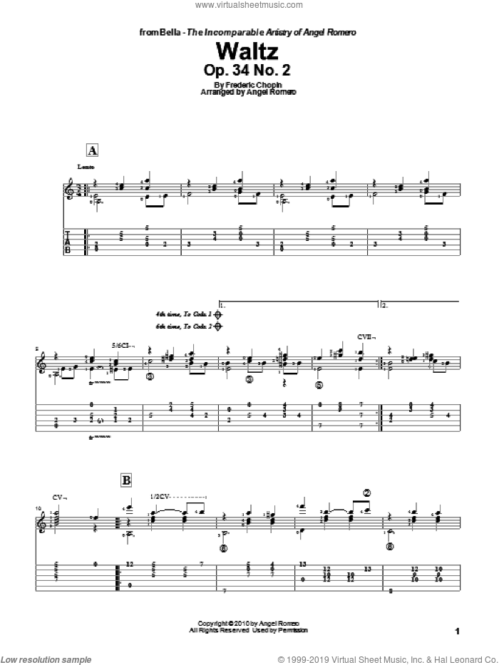 Waltz, Op. 34 No. 2 sheet music for guitar solo by Angel Romero and Frederic Chopin, classical score, intermediate skill level