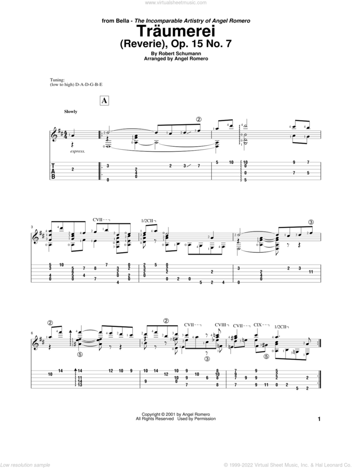 Traumerei (Reverie), Op. 15 No. 7 sheet music for guitar solo by Angel Romero and Robert Schumann, classical score, intermediate skill level