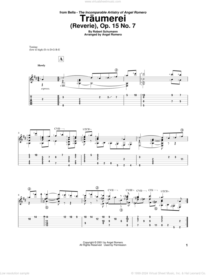 Traumerei (Reverie), Op. 15 No. 7 sheet music for guitar solo by Angel Romero and Robert Schumann, classical score, intermediate skill level