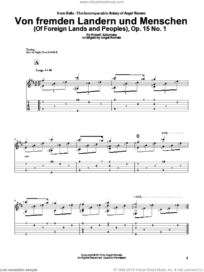 Von Fremden Landern Und Menschen (Of Foreign Lands and Peoples), Op. 15 No. 1 sheet music for guitar solo by Angel Romero and Robert Schumann, classical score, intermediate skill level