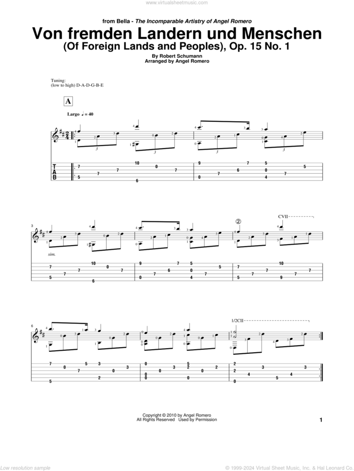 Von Fremden Landern Und Menschen (Of Foreign Lands and Peoples), Op. 15 No. 1 sheet music for guitar solo by Angel Romero and Robert Schumann, classical score, intermediate skill level