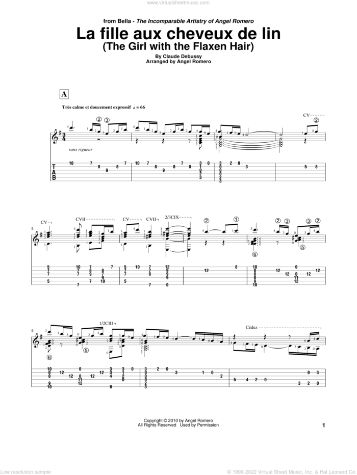 La Fille Aux Cheveux De Lin (The Girl With The Flaxen Hair) sheet music for guitar solo by Angel Romero and Claude Debussy, classical score, intermediate skill level