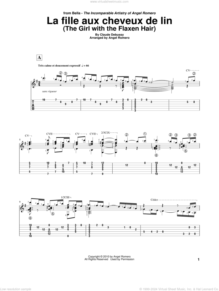 La Fille Aux Cheveux De Lin (The Girl With The Flaxen Hair) sheet music for guitar solo by Angel Romero and Claude Debussy, classical score, intermediate skill level