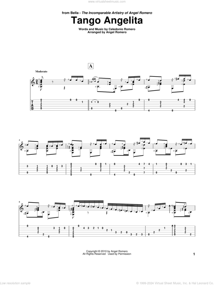 Tango Angelita sheet music for guitar solo by Angel Romero and Celedonio Romero, classical score, intermediate skill level