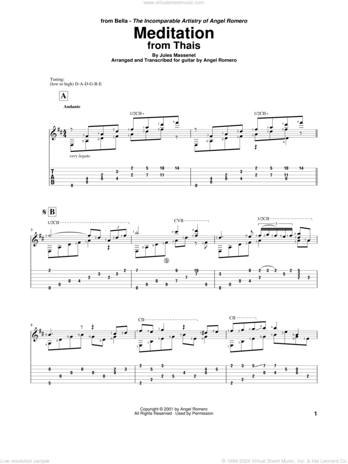 Meditation sheet music for guitar solo by Angel Romero and Jules Massenet, classical score, intermediate skill level