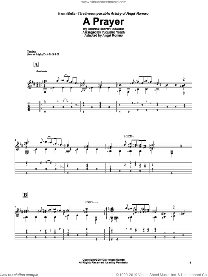 A Prayer sheet music for guitar solo by Angel Romero, Charles Crozat Converse and Yuquijiro Yocoh, classical score, intermediate skill level