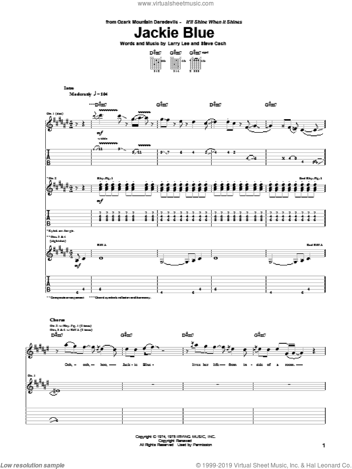 Jackie Blue sheet music for guitar (tablature) by Ozark Mountain Daredevils, Larry Lee and Steve Cash, intermediate skill level