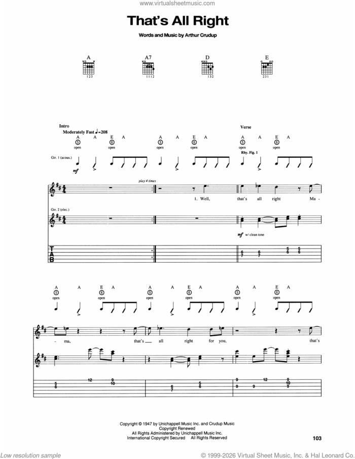 That's All Right sheet music for guitar (tablature) by Elvis Presley and Arthur Crudup, intermediate skill level