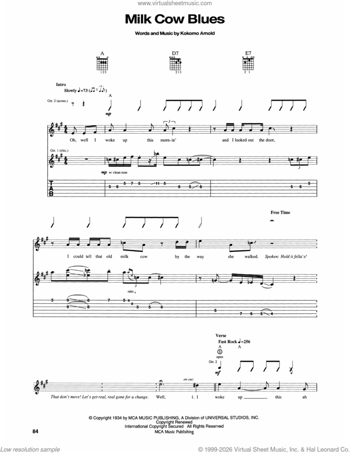 Milk Cow Blues sheet music for guitar (tablature) by Elvis Presley and Kokomo Arnold, intermediate skill level