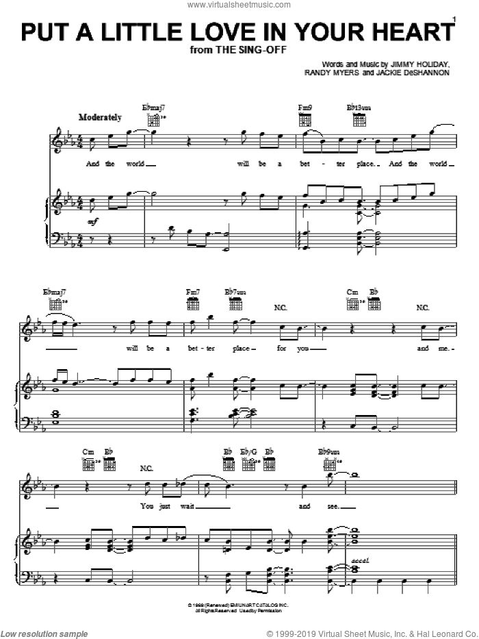 Put A Little Love In Your Heart sheet music for voice, piano or guitar by Jackie DeShannon, Jimmy Holiday and Randy Myers, intermediate skill level