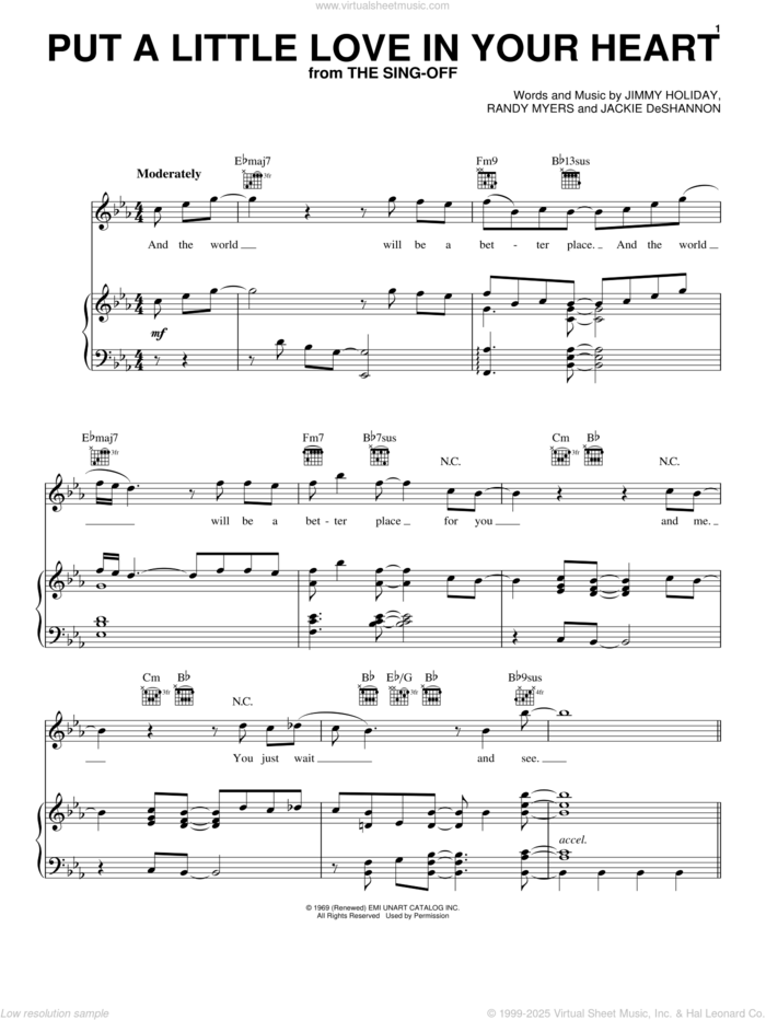 Put A Little Love In Your Heart sheet music for voice, piano or guitar by Jackie DeShannon, Jimmy Holiday and Randy Myers, intermediate skill level