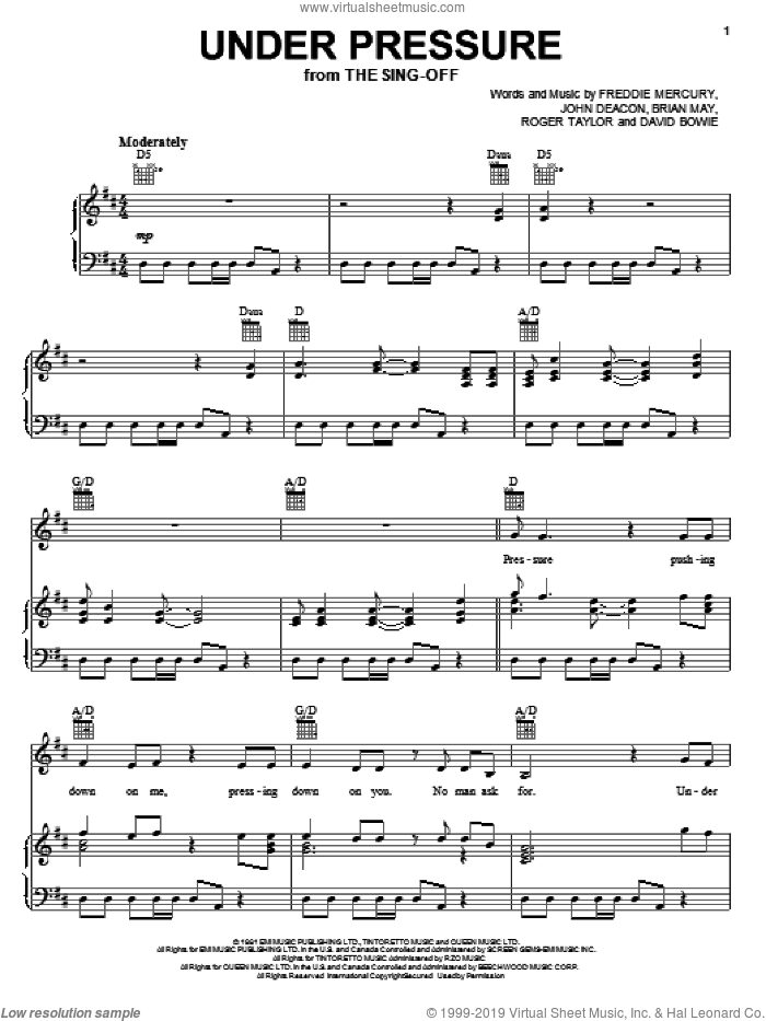 Under Pressure sheet music for voice, piano or guitar by David Bowie, Queen, Brian May, Freddie Mercury, John Deacon and Roger Taylor, intermediate skill level