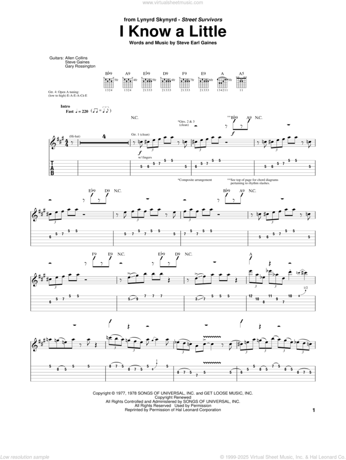 I Know A Little sheet music for guitar (tablature) by Lynyrd Skynyrd and Steve Gaines, intermediate skill level