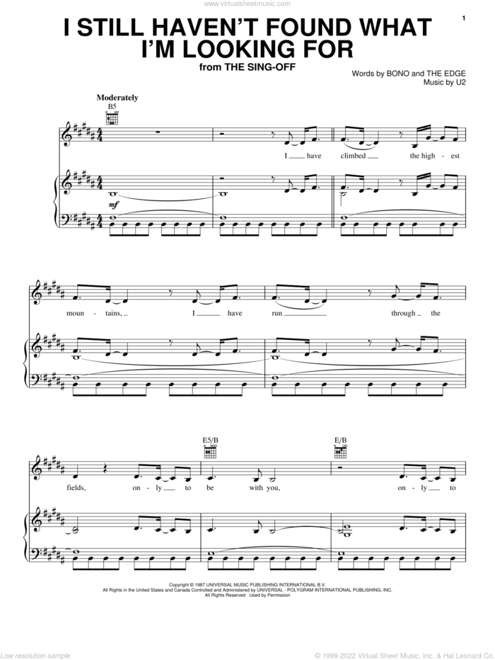 I Still Haven't Found What I'm Looking For sheet music for voice, piano or guitar by U2, Bono and The Edge, intermediate skill level
